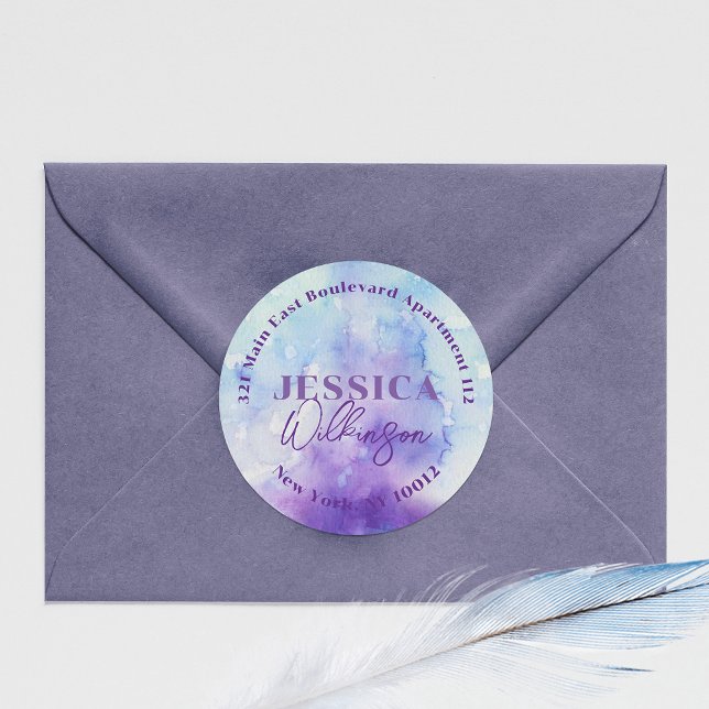 Sticker Rond Aquarelle Purple Bleu Rond Adresse de retour Étiqu (Créateur téléchargé)