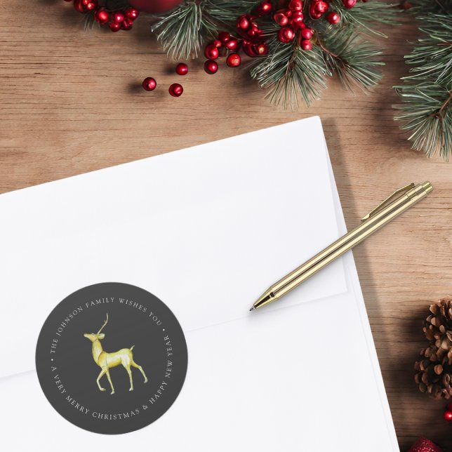 Sticker Rond Aquarelle Reindeer Joyeux Noël Nom de famille (Créateur téléchargé)