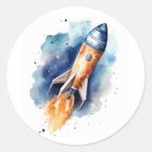 Aquarelle Rocketball volant à travers les étoiles