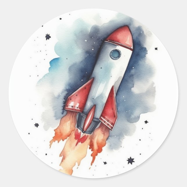 Sticker Rond Aquarelle Rocketship volant à travers les étoiles (Devant)