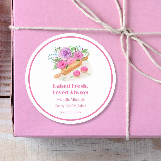 Sticker Rond Aquarelle Rolling Pin Rose Pâtisserie Chef Baker (Créateur téléchargé)