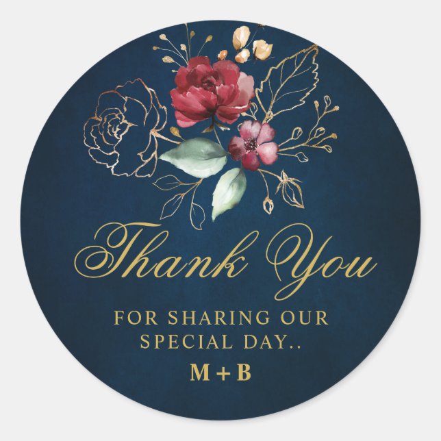 Sticker Rond Aquarelle romantique bordeaux rouge marine floral (Devant)