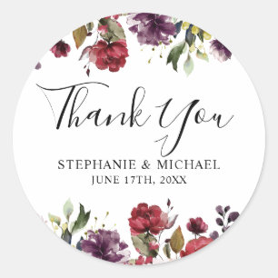 Sticker Rond Aquarelle romantique Bourgogne Rouge Blush Rose Fl