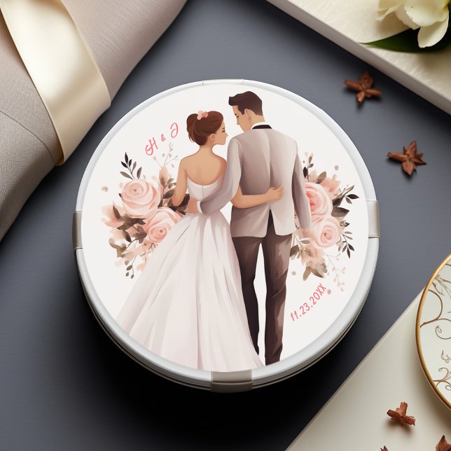 Sticker Rond Aquarelle Romantique Couple Mariage (Watercolor Romantic Couple Wedding Classic Round Sticker)