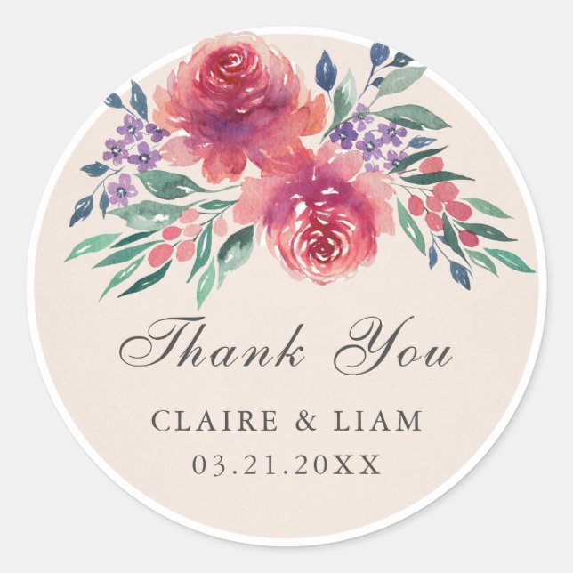 Sticker Rond Aquarelle romantique Merci Mariage Floral (Devant)
