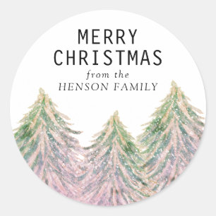 Sticker Rond Aquarelle rose Arbre de Noël Artistique