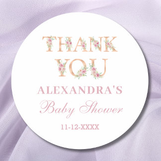 Sticker Rond Aquarelle rose Baby shower Floral Merci