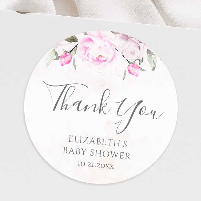 Sticker Rond Aquarelle rose Baby shower Floral Merci (Créateur téléchargé)