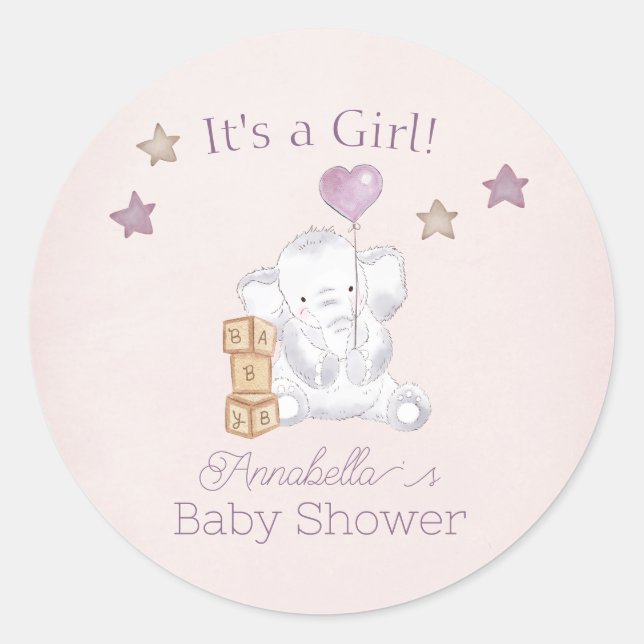 Sticker Rond Aquarelle rose bébé fille éléphant et ballons (Devant)