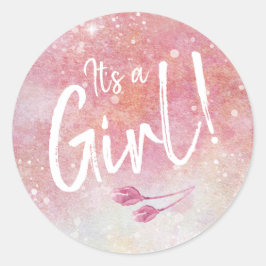 Sticker Rond Aquarelle rose C'est une fille Envelope Phoques