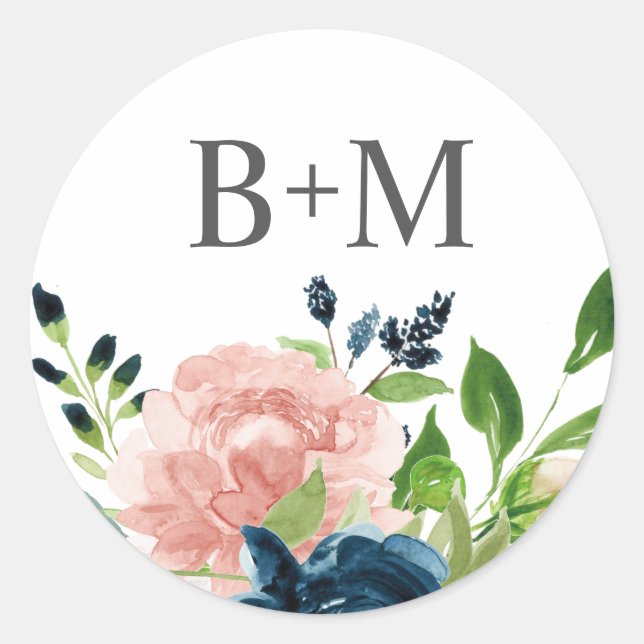 Sticker Rond Aquarelle rose charmé et bleu nuit (Devant)