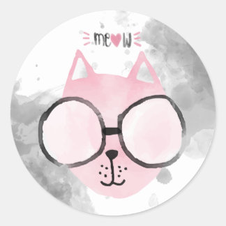 Sticker Rond Aquarelle rose chat cool Meow
