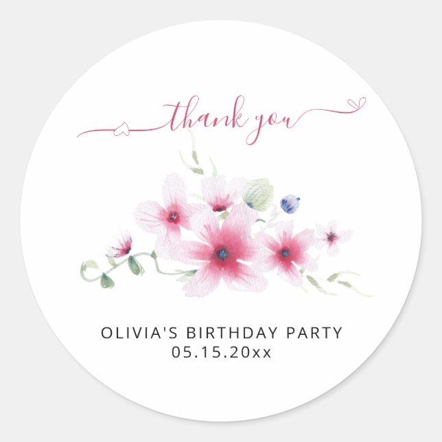 Sticker Rond Aquarelle rose chaud Fille Merci d'anniversaire (Devant)