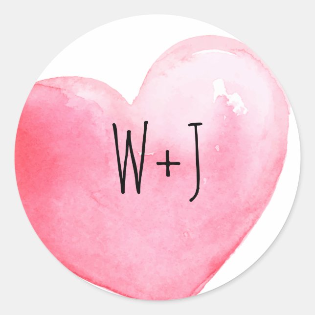 Sticker Rond Aquarelle rose Coeur Monogramme Mariage (Devant)