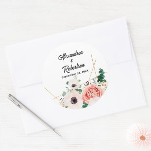 Sticker Rond Aquarelle rose corail Floral Mariage personnalisé