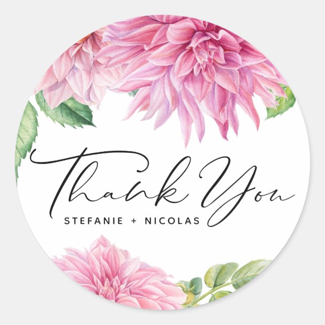 Sticker Rond Aquarelle rose Dahlia Fleurs Mariage Merci (Devant)