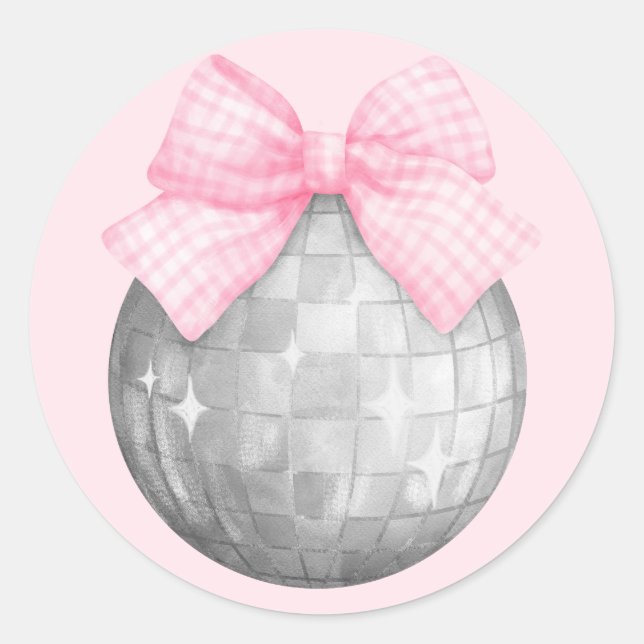 Sticker Rond Aquarelle rose En vichy Bow Silver Disco Ball (Devant)