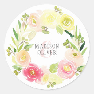 Sticker Rond Aquarelle rose et jaune couronne florale   MARIAGE