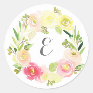 Sticker Rond Aquarelle rose et jaune couronne florale   Monogra
