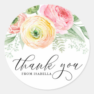 Sticker Rond Aquarelle rose et jaune Merci Ranunculus