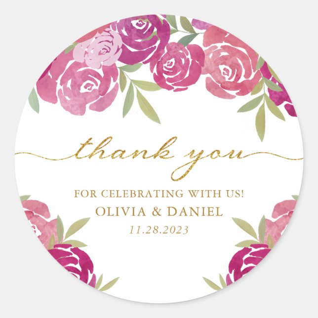 Sticker Rond Aquarelle rose et violet Florale Rose Merci (Devant)