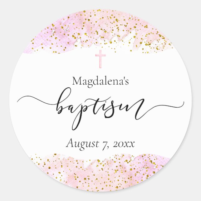 Sticker Rond aquarelle rose | faux or détails Baptême (Devant)
