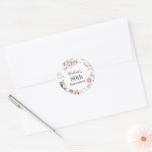 Sticker Rond Aquarelle rose féminine 80e anniversaire (Enveloppe)