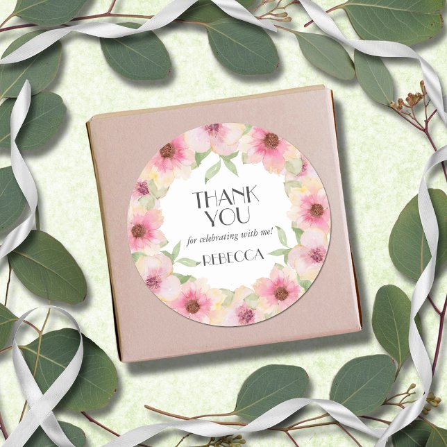 Sticker Rond Aquarelle rose Fleurs blanches (3" round stickers with yellow and pink blush flowers, thank you and your name)