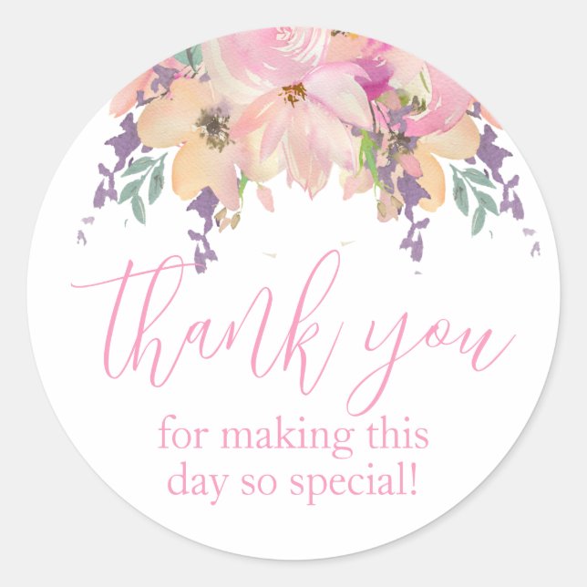 Sticker Rond Aquarelle rose Fleurs Merci Anniversaire Favoriser (Devant)