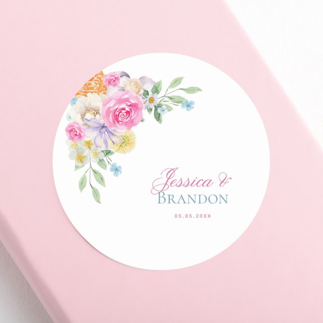 Sticker Rond Aquarelle rose Floral Garden Tea Party Mariage (Créateur téléchargé)