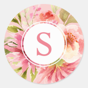 Sticker Rond Aquarelle rose Floral Monogramme initial
