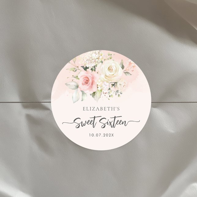Sticker Rond Aquarelle rose Floral Sweet 16 Anniversaire (Floral Sweet Sixteen Script 16th Birthday Round Classic Sticker)
