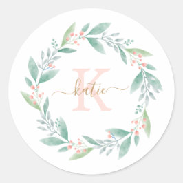 Sticker Rond Aquarelle rose Floral Wreath Monogramme