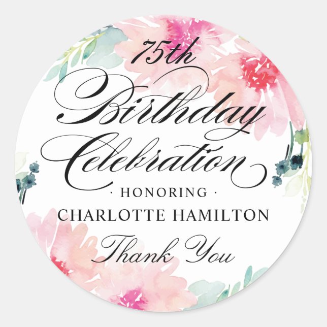 Sticker Rond Aquarelle rose florale 75e anniversaire (Devant)