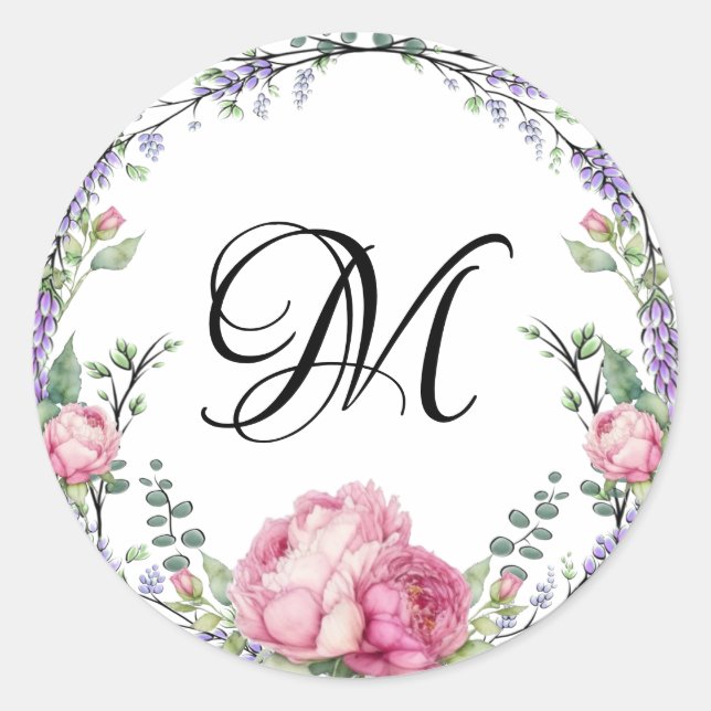 Sticker Rond Aquarelle rose floraux lavande éducalyptus (Devant)