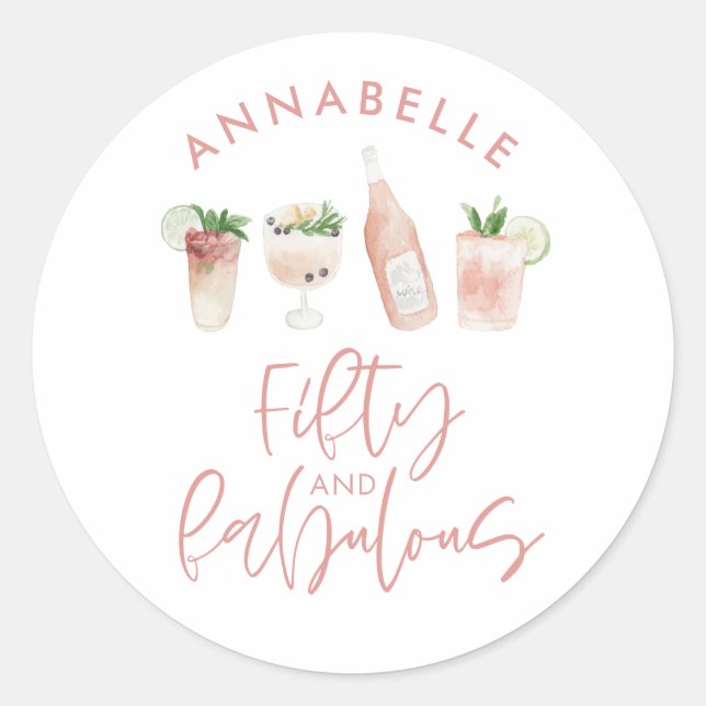 Sticker Rond Aquarelle rose girly 50 et fabuleux anniversaire (Devant)