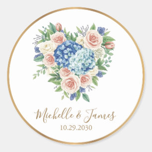 Sticker Rond aquarelle Rose Hydrangea Floral Mariage Or