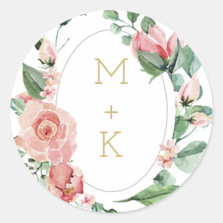 Sticker Rond Aquarelle Rose Jardin Monogramme Mariage Sceau