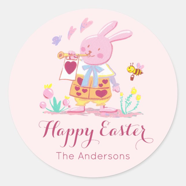 Sticker Rond aquarelle rose lapin de pâques dans le jardin (Devant)