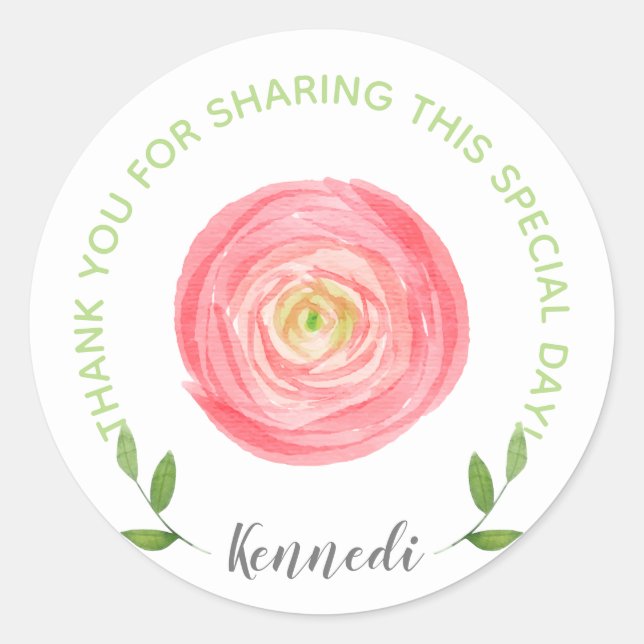Sticker Rond Aquarelle rose Merci Floral (Devant)