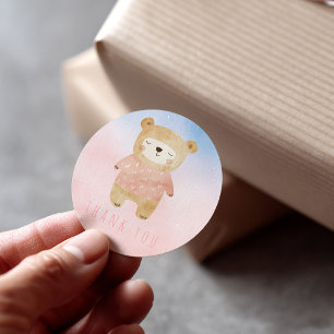 Sticker Rond Aquarelle rose mignon Merci ours en peluche