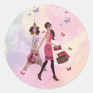 Sticker Rond Aquarelle rose mignonne Girl Paris Tour Eiffel
