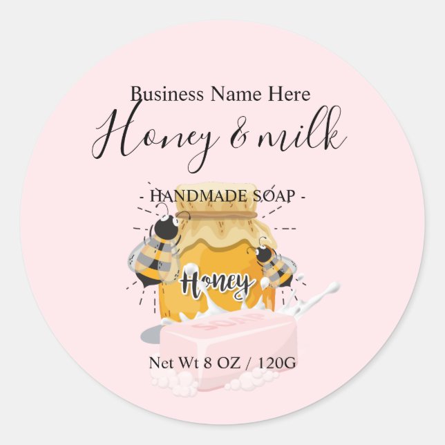 Sticker Rond Aquarelle rose moderne Miel et savon de lait (Devant)