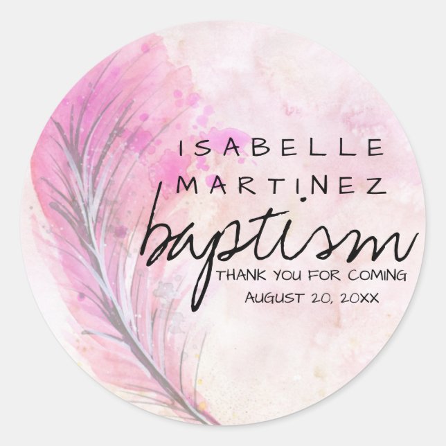 Sticker Rond Aquarelle rose moderne Plume Merci Baptême (Devant)