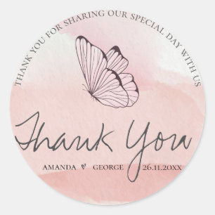 Sticker Rond Aquarelle rose mûre Papillon Mariage Merci