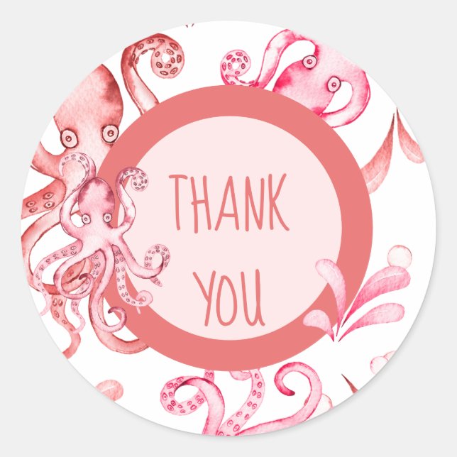 Sticker Rond Aquarelle rose Octopus Sea Baby Girl Merci (Devant)