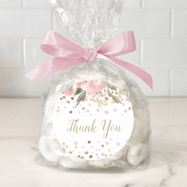Sticker Rond Aquarelle rose or Faveur florale (Pink gold baby shower favor stickers. Add your own text.)