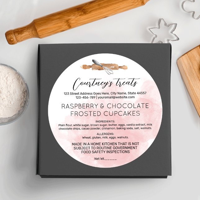 Sticker Rond Aquarelle rose pâle Calligraphie Droit de chalet A (Blush pink watercolor food license stickers for your bakery or catering business)