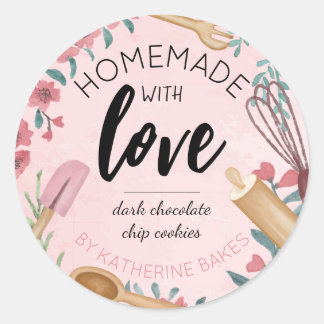 Sticker Rond Aquarelle rose pâle Floral & Ustensile de cuisson
