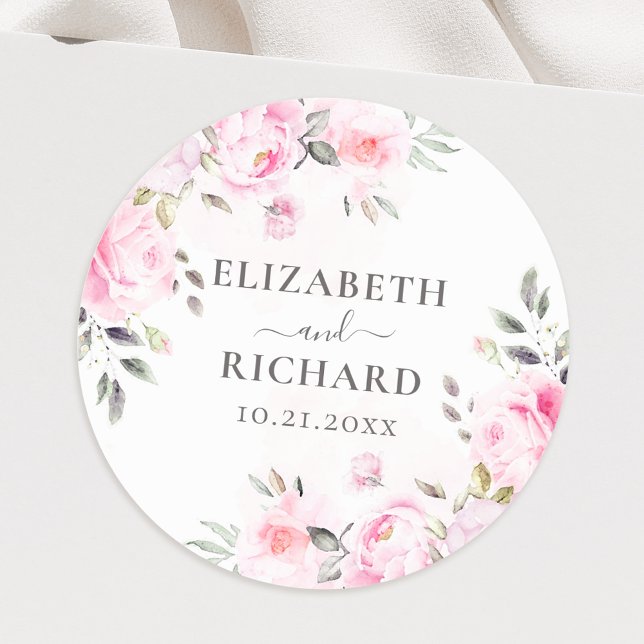 Sticker Rond Aquarelle rose pâle Mariage de verdure Florale (Créateur téléchargé)